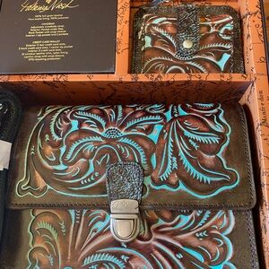 Patricia Nash Turquoise and Brown Embossed Leather Wallet Set